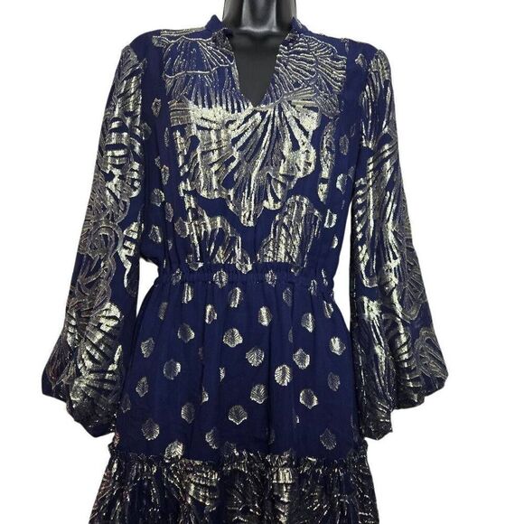 Lilly Pulitzer Joelle Silk Dress Navy Gold Metallic Clip Fit & Flare Size 2 - Picture 3 of 11